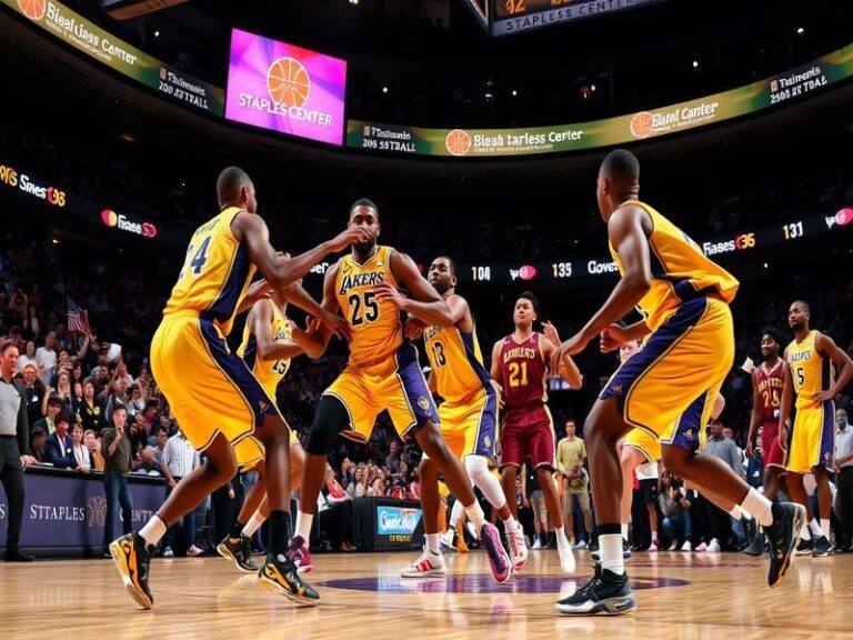 An intense basketball game between the Pacers and Lakers, featuring players in action, fans cheering in the stands, and a vib