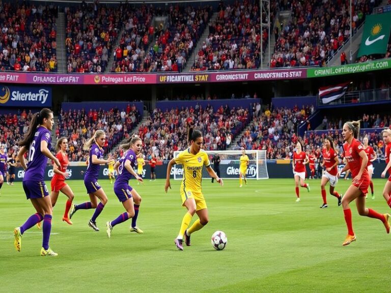 A dynamic action shot of an Orlando Pride vs. Chicago Stars match, showcasing players in vibrant uniforms competing for the b