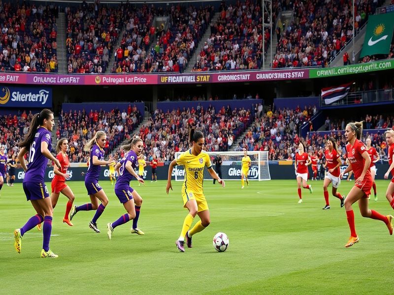 A dynamic action shot of an Orlando Pride vs. Chicago Stars match, showcasing players in vibrant uniforms competing for the b