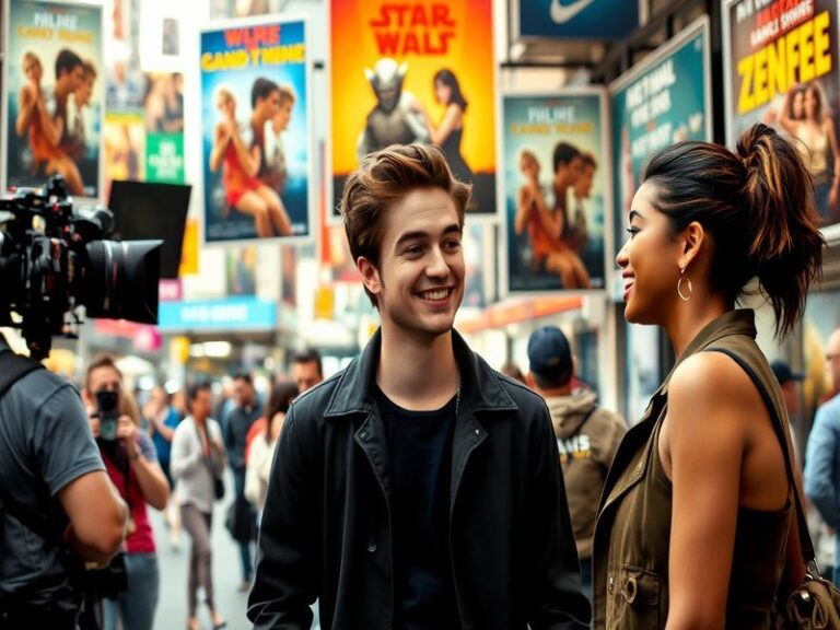 A cinematic shot of Robert Pattinson and Zendaya in a moody, dramatic scene from Dune: Part Two, dressed in futuristic desert