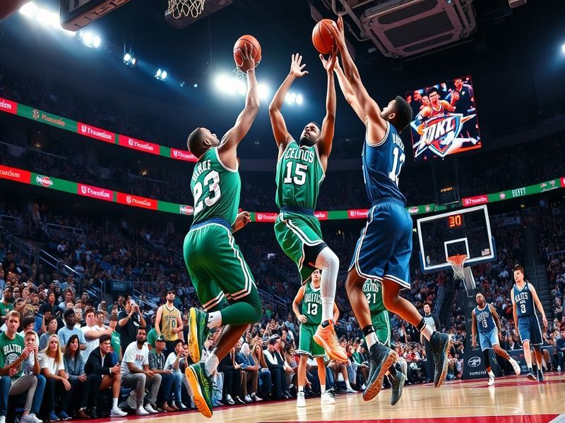 A vibrant basketball court featuring the Celtics and Thunder players in action, showcasing dynamic movement and intensity.