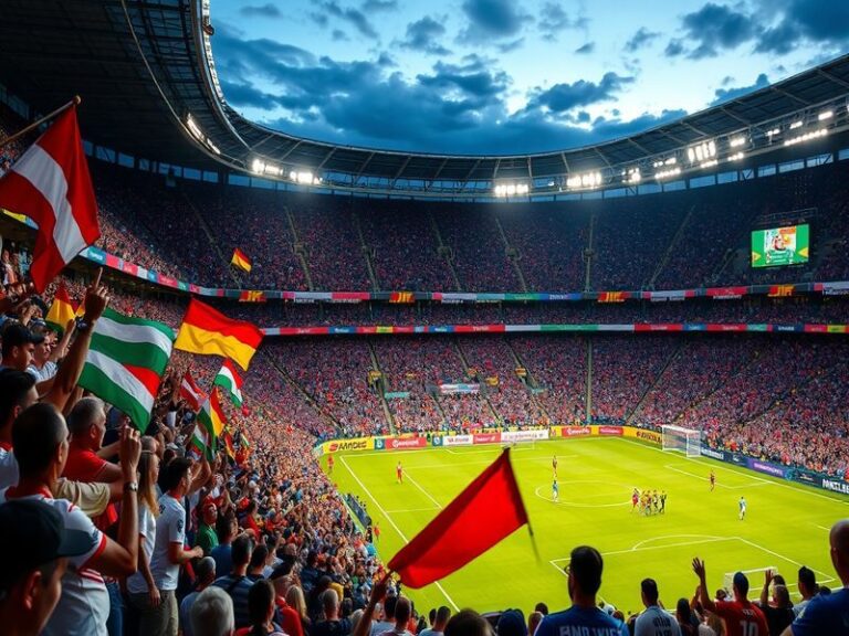 A vibrant scene of fans from different countries celebrating together during a World Cup match, showcasing flags, painted fac