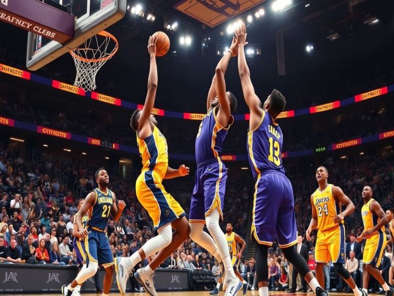 A dynamic basketball game scene featuring the Pacers and Lakers, showcasing players in action, intense expressions, and the v