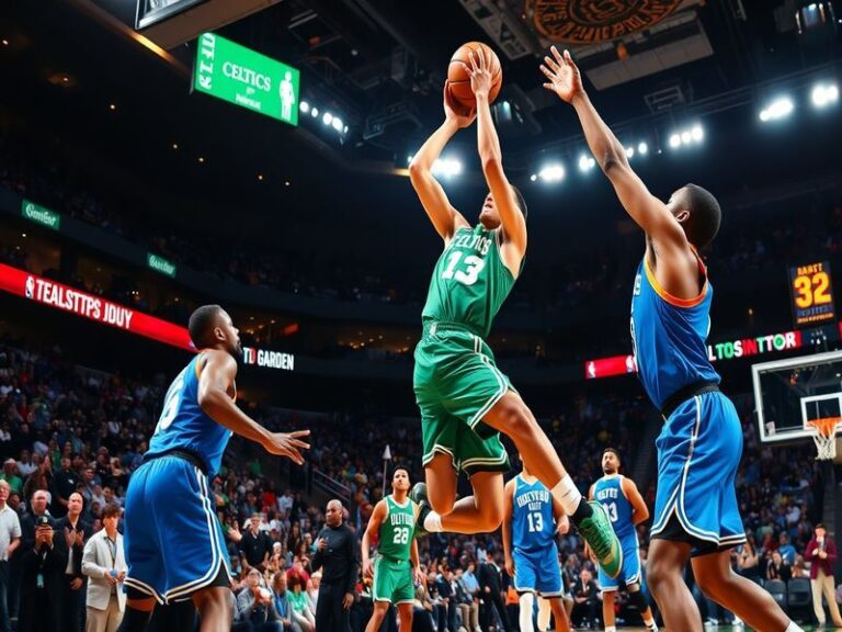 A dynamic basketball scene showing the Celtics and Thunder players in action during a thrilling game at TD Garden, capturing