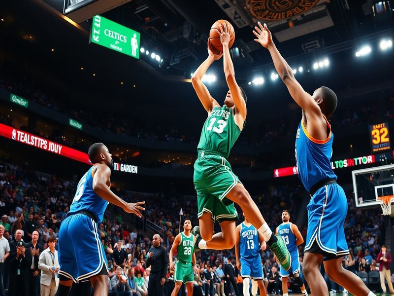 A dynamic basketball scene showing the Celtics and Thunder players in action during a thrilling game at TD Garden, capturing