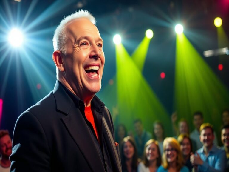 A vibrant photo of Howie Mandel mid-laughter on stage, wearing a suit and holding a microphone, with a bright studio audience