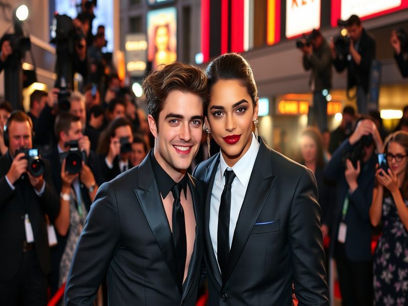 A vibrant image of Robert Pattinson and Zendaya at a red carpet event, showcasing their stylish attire and engaging smiles, s