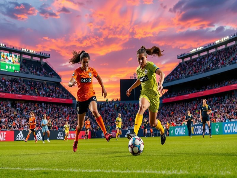 A dynamic match scene featuring players from KC Current and Seattle Reign FC, showcasing intense action, team colors, and pas