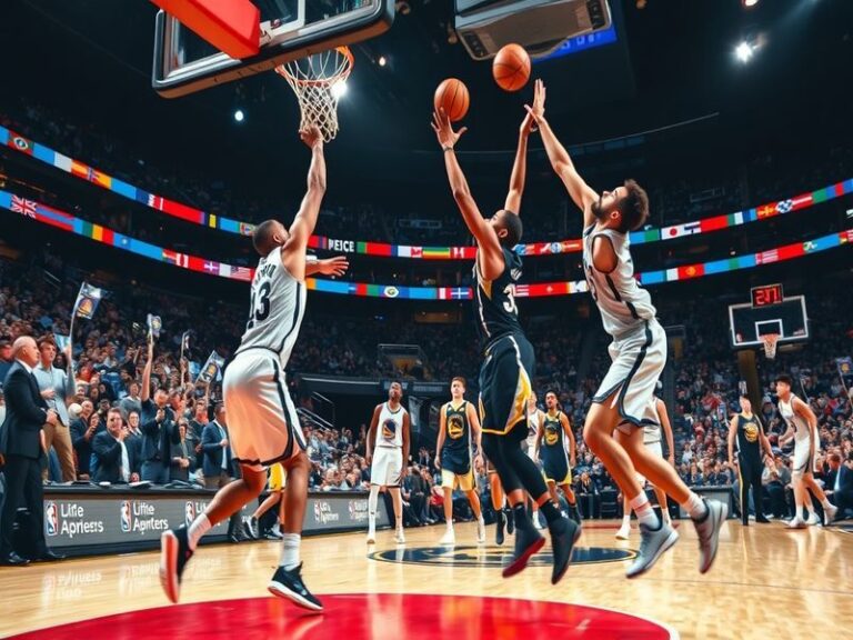A split-image visual: Left side shows Kevin Durant in a Nets jersey mid-game, right side shows Stephen Curry in a Warriors je