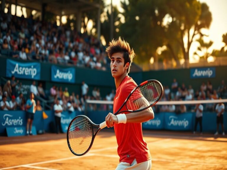 A dynamic action shot of Arthur Fils during a match, showcasing his intense focus and athleticism on the tennis court.