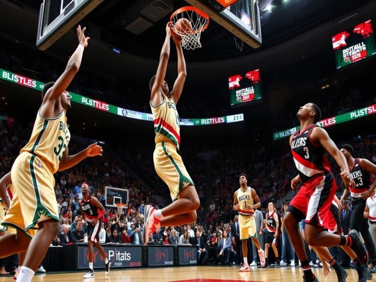 An action-packed image of a Bucks vs. Trail Blazers game, showcasing players in motion, the intensity of competition, and the