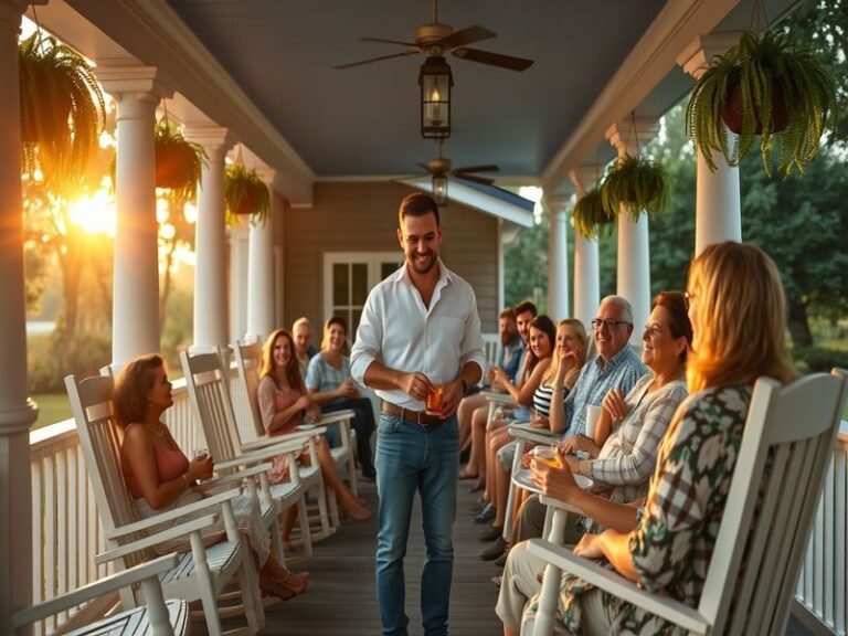 A warm Southern family gathering around a large table filled with traditional dishes, showcasing a cozy and inviting atmosphe