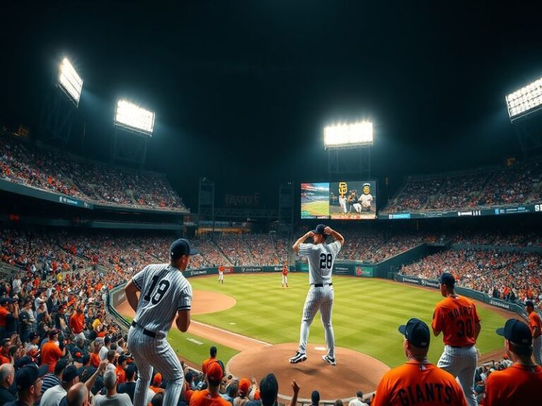 A vibrant image of a packed stadium during a Giants or Yankees game, showcasing enthusiastic fans in team colors, celebrating