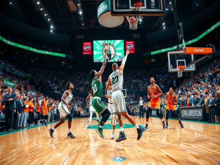 A dynamic basketball scene featuring players from the Celtics and Thunder in action during a game, showcasing their contrasti