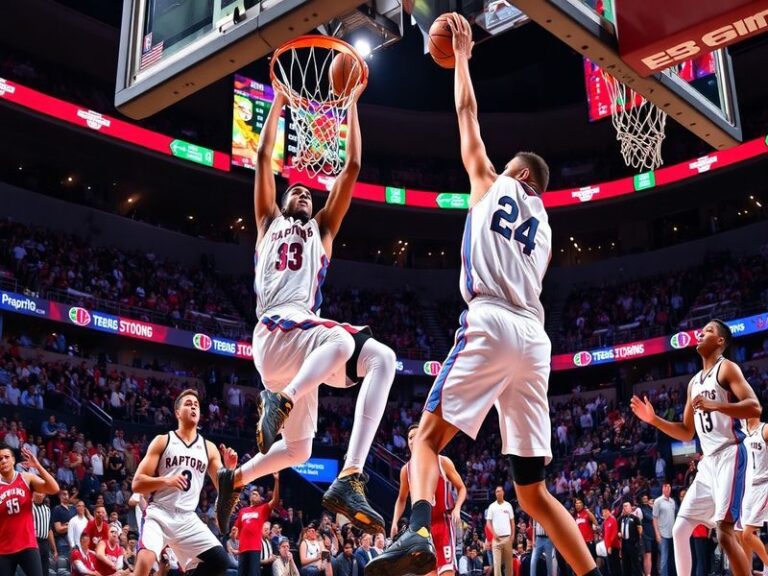 An action-packed image of the Raptors and Clippers players in a heated game moment, showcasing intense expressions, dynamic m