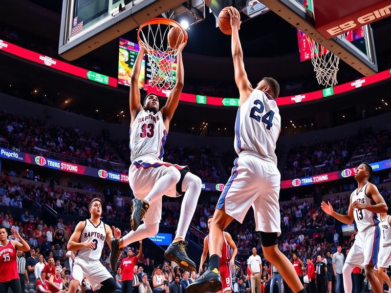 An action-packed image of the Raptors and Clippers players in a heated game moment, showcasing intense expressions, dynamic m