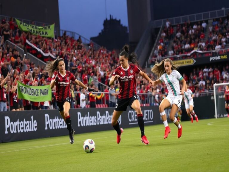 An action shot from a match between Portland Thorns and San Diego Wave, showcasing players in dynamic poses, the vibrant crow