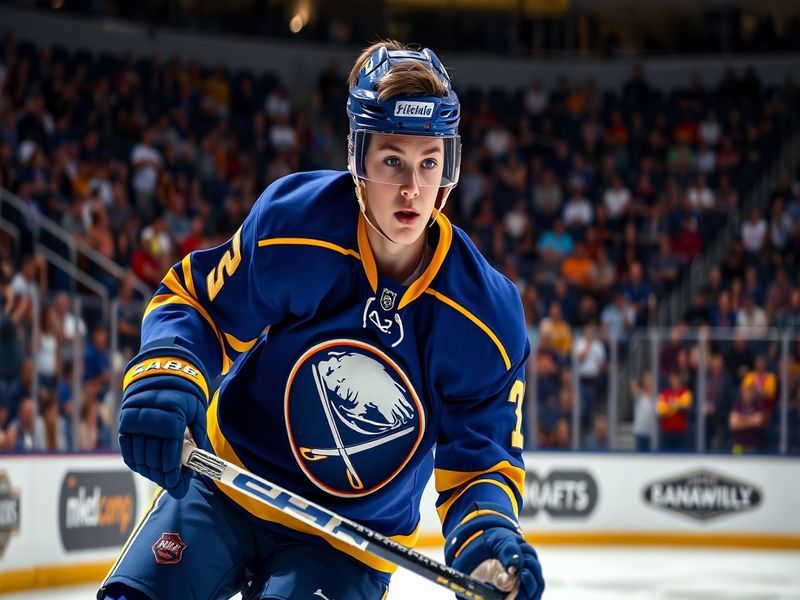An action shot of Casey Mittelstadt on the ice, wearing his Buffalo Sabres jersey, showcasing his dynamic skating and focus d