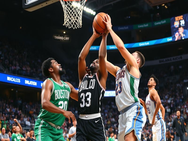 A dynamic basketball scene featuring players from the Celtics and Thunder in action, showcasing their unique styles and inten