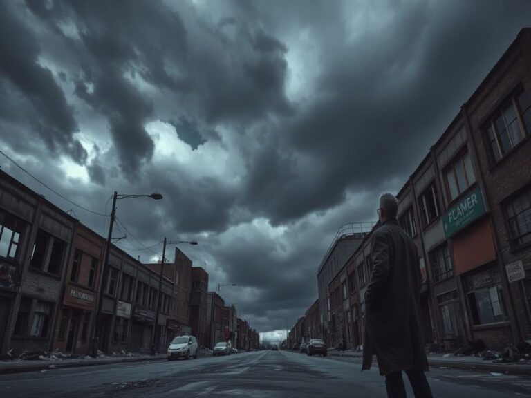 An illustration depicting a dark storm cloud over a city skyline, symbolizing impending crises. The mood is tense yet hopeful