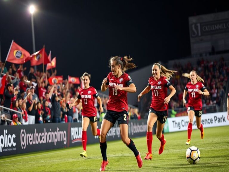 An action-packed scene from a Portland Thorns game, featuring players in vibrant jerseys, a cheering crowd, and the iconic Pr