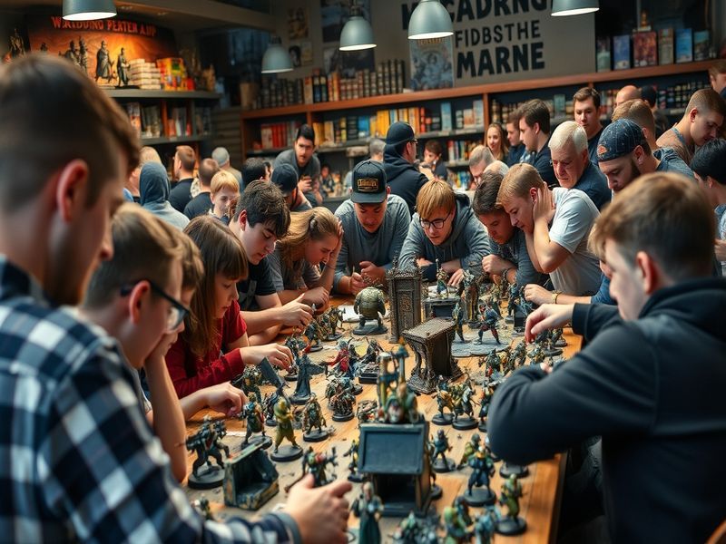 An engaging image depicting a Warhammer tabletop setup, featuring painted miniatures, a scenic battlefield, and players strat