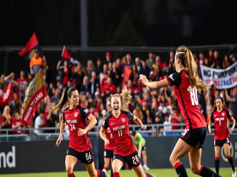 A dynamic image of Portland Thorns players celebrating a goal, showcasing their team spirit and the vibrant atmosphere of Pro