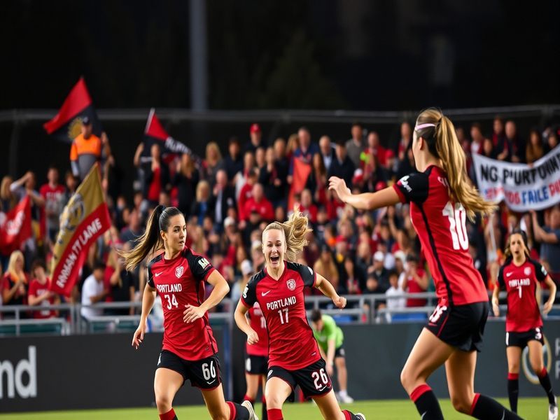 A dynamic image of Portland Thorns players celebrating a goal, showcasing their team spirit and the vibrant atmosphere of Pro