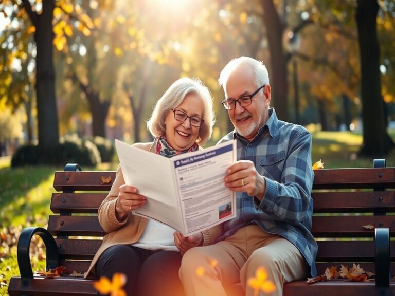A close-up of an older couple reviewing financial documents at a kitchen table, with a laptop displaying retirement planning