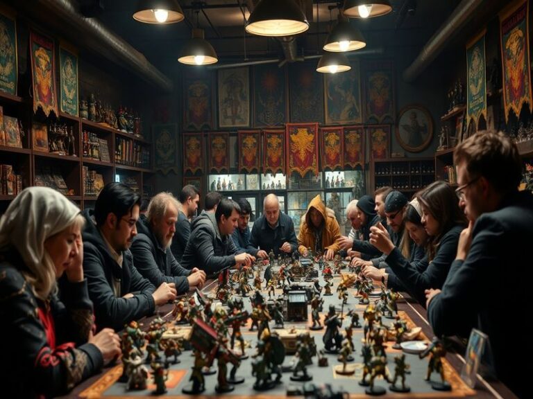 A colorful array of painted Warhammer miniatures displayed on a tabletop, showcasing diverse factions and intricate details,