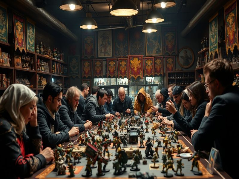 A colorful array of painted Warhammer miniatures displayed on a tabletop, showcasing diverse factions and intricate details,