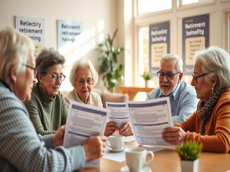 A smiling senior couple reviewing financial documents at a kitchen table, with a laptop and retirement planning materials vis