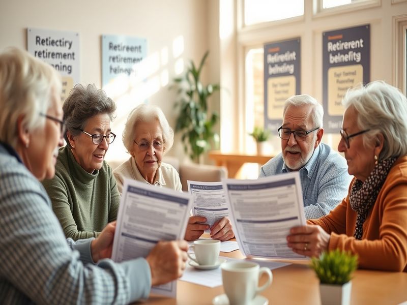 A smiling senior couple reviewing financial documents at a kitchen table, with a laptop and retirement planning materials vis