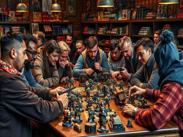 An engaging scene depicting a Warhammer tournament, showcasing players in action with painted miniatures and a vibrant atmosp