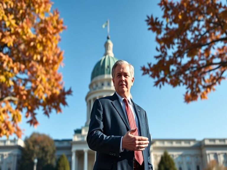 A portrait of Matt Bevin in a formal setting, showcasing his serious demeanor, with a backdrop of the Kentucky state capitol
