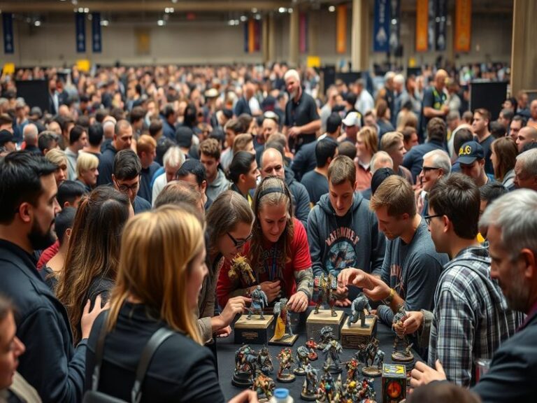 A bustling Warhammer community event with hobbyists painting miniatures at long tables, surrounded by colorful paints and bru