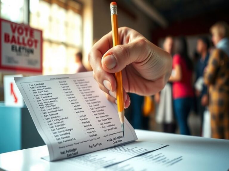 An image depicting a diverse group of people casting their votes at a polling station, showcasing different ballot types and