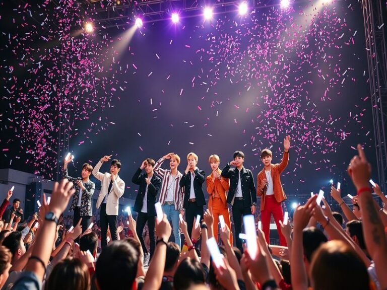 A vibrant stage photo of BTS members performing in matching outfits, bathed in colorful lights, with a diverse crowd of fans