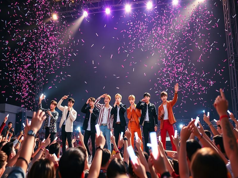A vibrant stage photo of BTS members performing in matching outfits, bathed in colorful lights, with a diverse crowd of fans