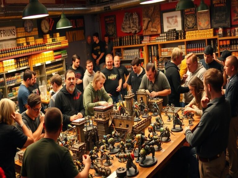 An engaging image showcasing a vibrant tabletop Warhammer game in progress, with painted miniatures, dice, and players strate