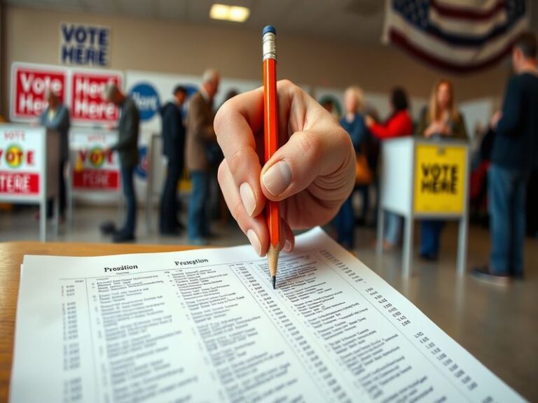 An image showing diverse individuals casting their votes at a polling station, highlighting the democratic process with a vib