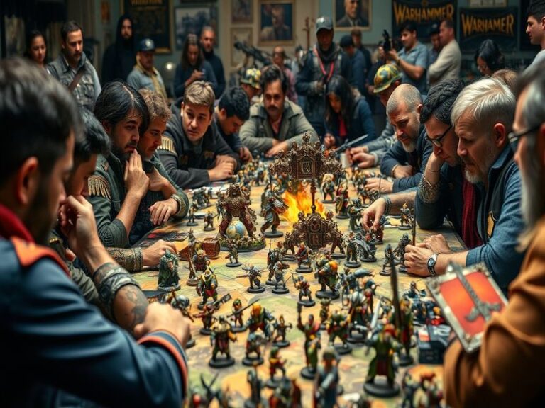 A vibrant scene of Warhammer hobbyists painting miniatures at a convention table, with colorful armies and terrain in the bac