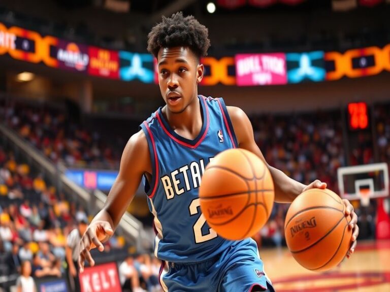 An action shot of Scoot Henderson dribbling the basketball during a game, showcasing his speed and agility on the court.