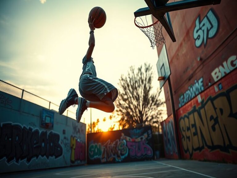 A dynamic basketball scene featuring a young athlete, Drake Powell, in action on the court, showcasing his skills during a hi
