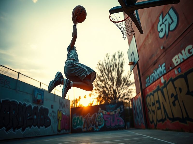 A dynamic basketball scene featuring a young athlete, Drake Powell, in action on the court, showcasing his skills during a hi