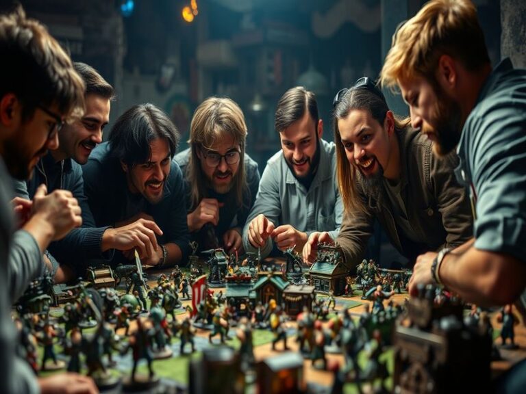 A bustling Warhammer community event with players painting miniatures, others engaged in gameplay, and a wall of painted armi