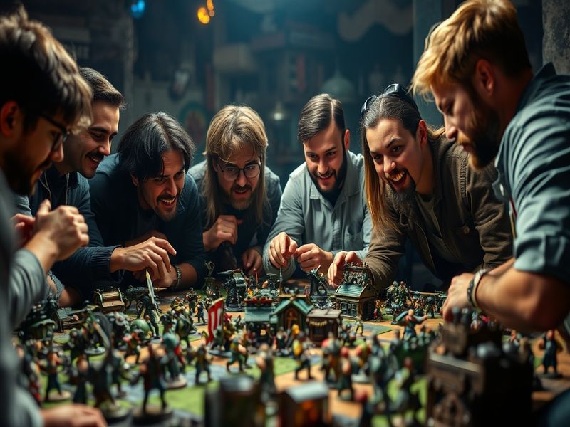 A bustling Warhammer community event with players painting miniatures, others engaged in gameplay, and a wall of painted armi