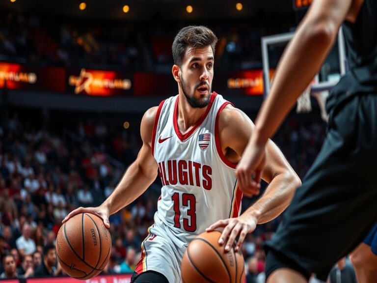 A dynamic action shot of Ömer Yurtseven playing basketball, showcasing his height and agility on the court.