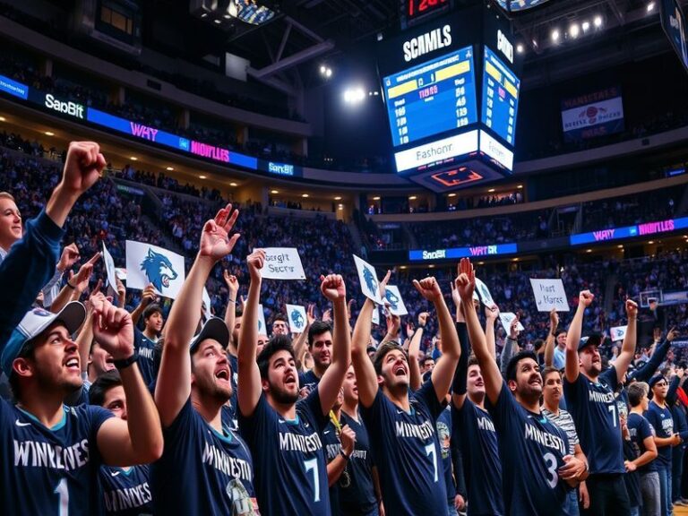 A dynamic action shot of Anthony Edwards driving to the basket during a Timberwolves game, with the Target Center crowd blurr