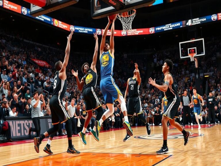 A dynamic scene from the Warriors vs Nets game, featuring Stephen Curry shooting a three-pointer with defenders closing in, c